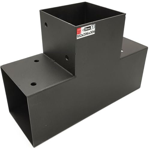 Support poteau bois 90° angle T 102x206x306x2 | Equerre fixation lourde métal noir | Connecteur bois charpente, pergola jardin extérieur, tonnelle, cabane terrasse, équerre de fixation robuste