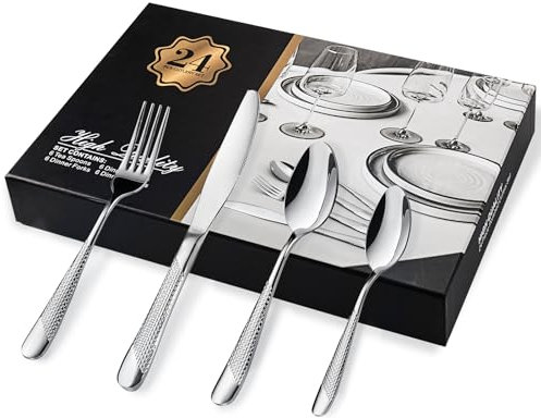 Hammered Cutlery Set, 24-Piece Knife and Fork Sets, Stainless Steel Knife, Fork and Spoon Tableware Set with Gift Box, Flatware Silverware Set Service for 6
