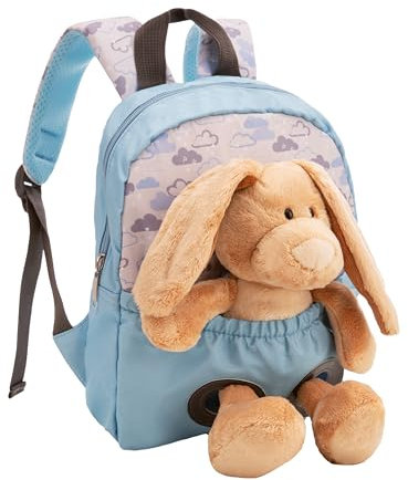 NICI Kinderrucksack 21x26cm hellblau mit flauschigem Kuscheltier Hase 25cm - Kita Rucksack ab 3 Jahren, Kindergartenrucksack für Jungs und Mädchen – 61762