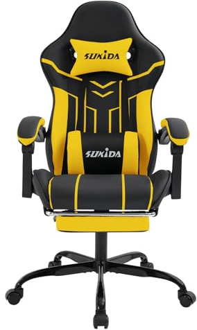 SUKIDA Gaming Stuhl Computerstuhl Ergonomischer Gaming Chair mit Fußstütze Bürostuhl Ergonomischer Computerstuhl mit Lendenwirbelstütze Blackyellow