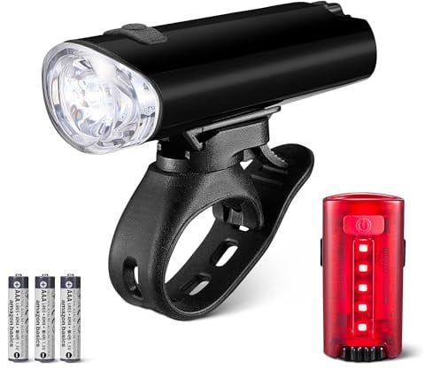 Amazon Basics LED Bike Light Set with 100 Lumen Headlight and 10 Lumen Taillight - 3 Mode Waterproof Bicycle Lights with Mounts - Batteries Included - Black and Red