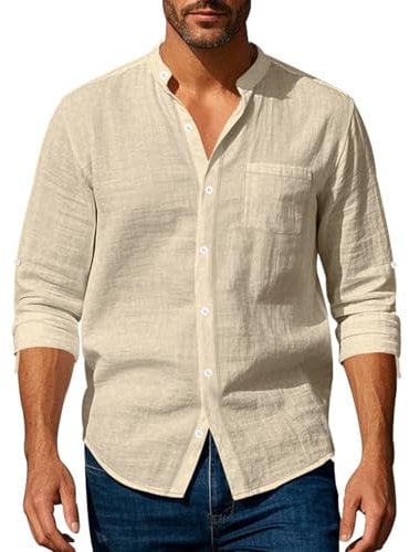 Volemo Mens Linen Shirts Long Sleeve Shirt Band Collar Casual Tops Regular Fit Khaki M