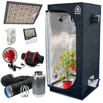 Growzelt 70x70x160, Growbox Komplettset mit LED Vollspektrum Grow Lampe, Abluft-Set, Aktivkohlefilter, Ventilator & Grow Zubehör – Indoor Gewächshaus Set