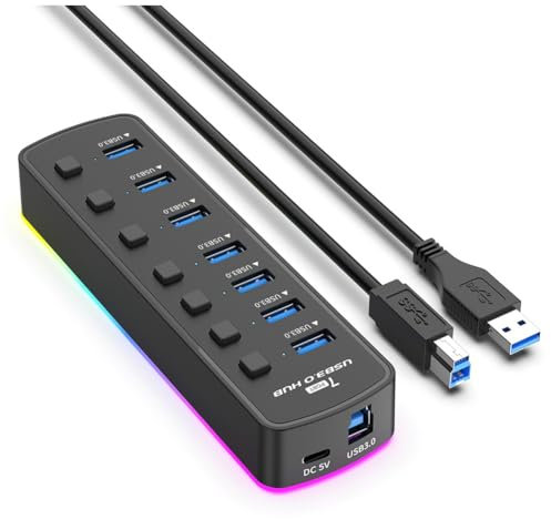 Vocdikficy Concentrador USB 3.0 RGB 7 Puertos, Adaptador Puerto USB de 5 Gbps, Interruptor Encendido/Apagado Individual, Divisor, Concentrador USB para Juegos para Computadora Portátil y PC