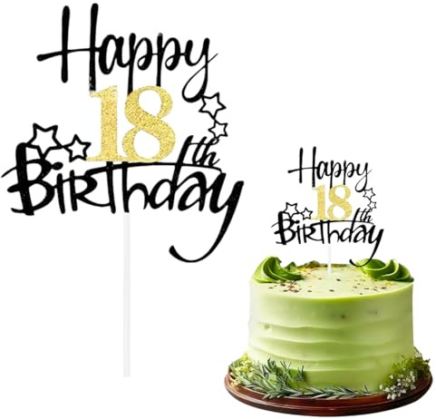 NOPKESV 1 Stück Happy 18th Birthday Cake Topper Torten Deko Kuchendeko Geburtstagstorte Deko Frauen Männer (Gold, Schwarz)
