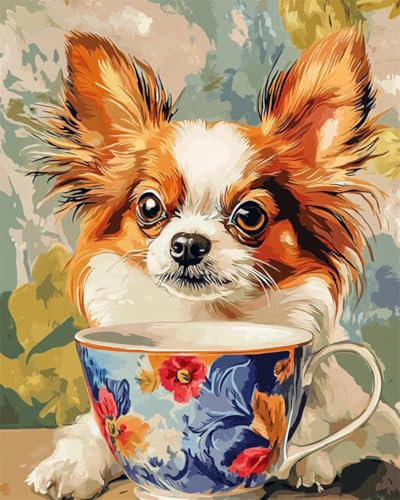 DIY Kit Peinture Numero Adulte（Sans Cadre）30x40cm Chien De Dessin Animé Et Tasse De Thé Kits De Peinture Numérique Sur Toile Avec Pigments Acryliques Pour Décoration Murale De La Maison Comme Cadeau