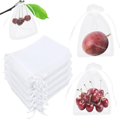 SAIIURV 100 Stück Kleine Organzasäckchen mit Kordelzug Organzabeutel zum Befüllen 10 x 15 cm Garten Netzbeutel Obst Schutzbeutel Pflanzen Klein Traubenschutzbeutel Geschenksäckchen Weiß Schmuckbeutel