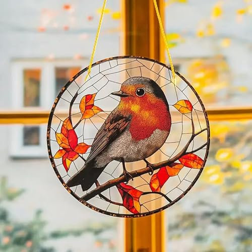 Sonnenfänger mit Rotkehlchen-Zweig, Buntglas-Effekt, Wandbehang, Dekoration, Geschenk, 2D