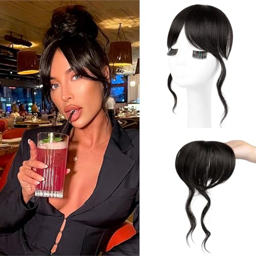 Flufymooz Clip in Bangs, 30 cm lange französischer Pony mit Schläfenpartie, Haarteile für Frauen-Schwarzbraun