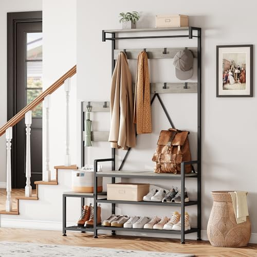 Hapihom Coat Rack with Shoe Storage, Industrial Freestanding Hall Tree with Coat Hooks & Metal Frame, for Hallway, Living Room, Bedroom, Cloakroom 113 x 30 x 180 cm - Grey