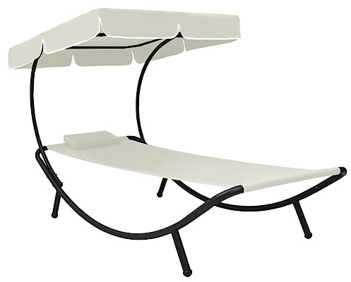 Mandloder Garten-Sonnenliege mit Sonnendach Kissen Cremeweiß, wetterfestes Oxford-Gewebe, Stabiler Stahlrahmen 200x90x112 cm, Relaxliege für Terrasse Strand, bequemer Liegestuhl Chaiselongue Outdoor