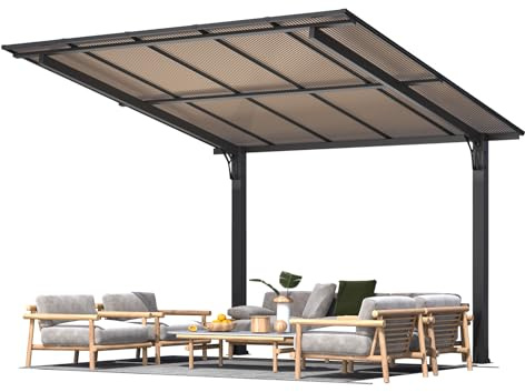 YODOLLA Freistehender Hartdach-Pergola 3x3m– Außen-Gartenpavillon-Carport für Terrasse, an der Wand angebrachte Schwerlast-Sonnenschutzmarkise mit Schrägdach, Ideal für Terrassen & Terrassendecks