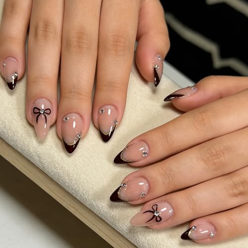 24Pcs Nude Pink Press on Nails - Short Almond False Nails - Burgundy French Tip Design, Bow & Rhinestones Accented - 12 Size Reusable Romantic Acrylic Nails for Elegant Women