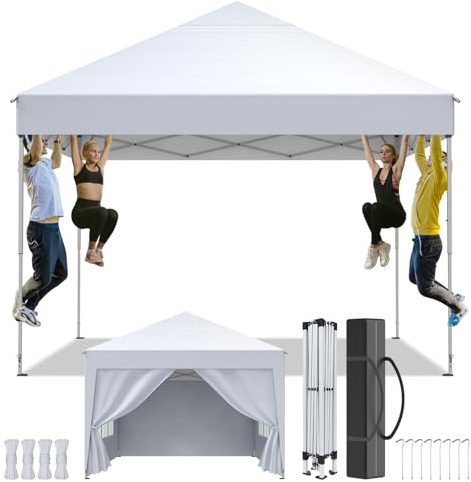 Pavillon 2.5x2.5m，Faltpavillon Wasserdicht，Winterfest，UV Schutz 50+，Stabil，Höhenverstellbar，Gartenpavillon mit 4 Seitenwänden、Tragtasche，Faltbar Partyzelt Gartenzelt für Outdoor Garten Party,Weiß