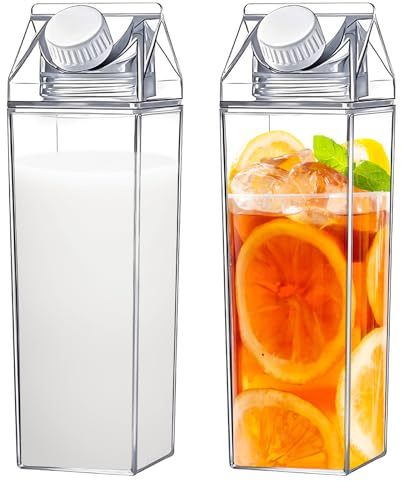 YJQXMYU 1000ML Clear Milk Carton Water Bottle with Leak Proof Spouts, Reusable Milk Box Water Bottle Portable Juice Tea Container for Camping Outdoor Sports Travel (2Pcs 1000ML)