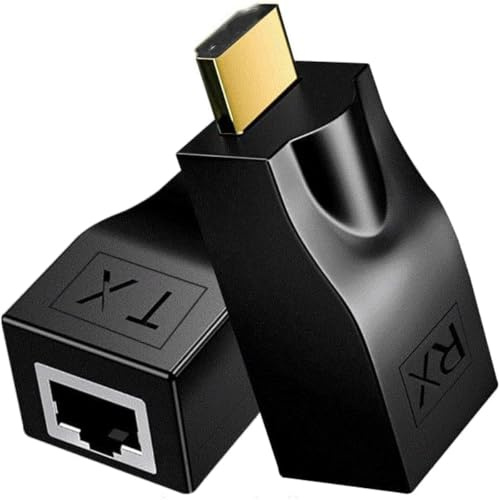 Flsazrx HDTV to RJ45 Ethernet Network Converter,19-Pin Port Repeater Extender Adapter Over Cat5e/6 (2 pcs), 4K HD 1080p can Extend up to 98.5 feet, for HDTV, Set-top Boxes, DVD, PS4, STB,（Black）