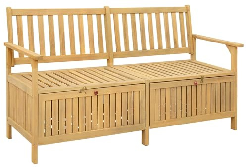 Yisssmeng Gartenbank mit Stauraum 148 cm Sitzbank aus Massiv-Akazie Holztruhe für Garten Terrasse und Balkon Truhenbank mit 2 Türen und Rückenlehne ca. 148 x 63 x 84 cm