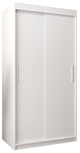 MEBLE KRYSPOL Tokyo 100 Schlafzimmerschrank mit Zwei Schiebetüren – moderner Aufbewahrungsschrank mit Kleiderstange und Regalen – 100x200x62cm - Mattweiß