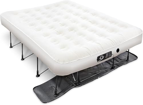 Ivation EZ®-Bed (Queen) Inflatable Air Mattress with Frame & Rolling Case, Built-in Deflate Defender™ Dual Pump Technology - 3 Min Self Inflate/Deflae Raised Blow up Bed on Legs, Premium Coil Design
