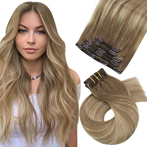 Moresoo Clip in Extensions Echthaar, Salon Qualität Weiches Glattes Haar 25 cm 5 Stück 80g Extensions Clip in #8/22/8 Braun bis Hellbraun mit Platinblond, Leicht zu Tragen Solide und Langlebig