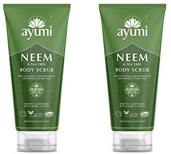 Ayumi Exfoliating Body Scrub with Neem | Tea Tree Oil Scrub for Oily Skin | Back Acne Treatment with Neem Scrub | Nettle Leaf to Soothe Itching | Body Scrub for Women & Mens Skincare Rituals |2x200 ml