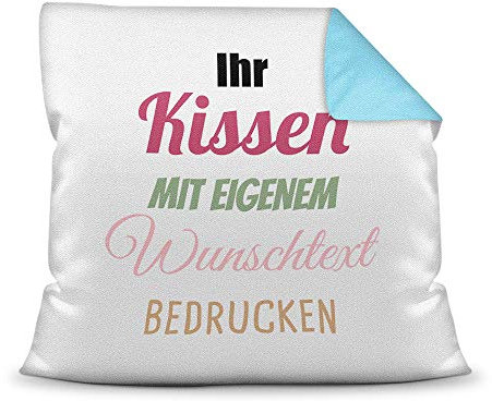 Print Royal Kissen selbst gestalten mit WUNSCHTEXT - individuell Bedruckt mit eigenem Text oder Namen - Personalisierte Geschenkidee/Kopfkissen mit Spruch beschriften - Farbkissen Rückseite Hellblau