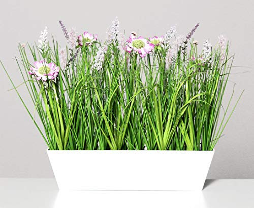 kunstpflanzen-discount.com Kunstblumen Arrangement Kunstgras und Wiesenblumen pink-lila in Deko Schale mit 42cm - Künstliches Gras mit blühenden Kunstblumen
