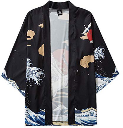 Cardigan Herren Casual Loose Open Front 3/4 Ärmel im japanischen Stil Print Cover Up (XXL,3Schwarz)