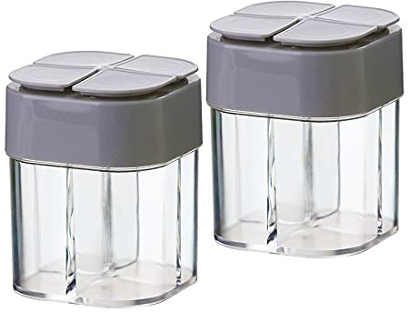 GrHE - Set di 2 saliera e pepe, creativi, quattro in uno, con scomparto a conchiglia per condimenti, per barbecue, a prova di umidità, con coperchio in plastica grigia e shaker visivi.