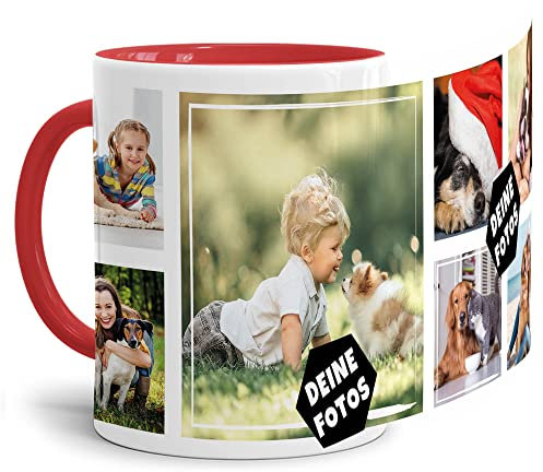 Foto-Tasse zum selbst gestalten mit Foto-Collage für 7 Wunschfotos - Geschenk für Familie, Freunde, Geburtstag, Weihnachten - Keramik Innen & Henkel Rot, 300 ml I Personalisiert