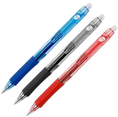 RAYLU PAPER® - Pack de 3 Bolígrafos Borrables Retráctiles, con Tinta de Gel Híbrida, Colores Azul Rojo Negro, Trazo de 0,7 mm (3 Colores)