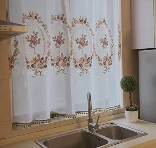 A.Monamour Rideau de Cuisine Court pour Petit Fenêtre Voilage Voile Transparent Blanc Broderie Fleurs Roses Vintage Rideau Brise-bise Rideaux à étages Rideaux à Disques Panneaux Rideau Bistro Café