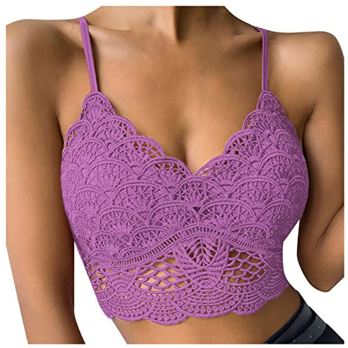 Crop Top in pizzo push up – Top in pizzo da donna senza pancia, sexy bralette, top in pizzo trasparente, ZZ lilla, XXL