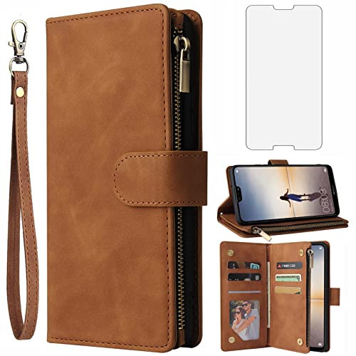 Asuwish Handyhülle für Huawei P20 Lite Hülle mit Folie Schutzfolie und Kartenfach Klappbar Leder Geldbörse Ständer Reißverschluss Hawaii P 20 P20lite 20P ANE-LX1 Nova 3E Schutzhülle Phone Case Braun