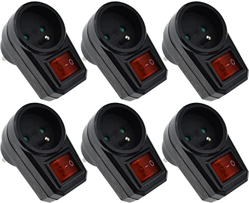 6 adaptadores de enchufe con interruptor color negro 16 A, 230 V, 3680 W