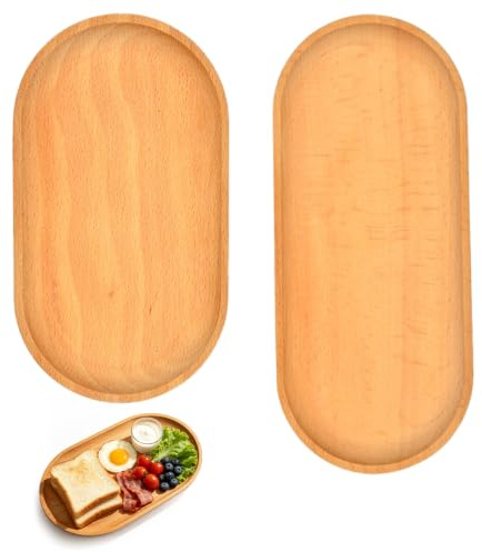 ZOOMPIL Set de 2 Bandejas Ovaladas de Madera, Bandeja Decorativa Antiderrame para Café y Alimentos, Colocar suculentas, Organizador para Encimera Cocina, Baño y Salón