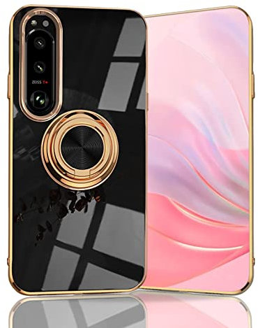 BORYA Ultra Dünn Hülle für Sony Xperia 10 IV, Stoßfest Handyhülle, TPU Bumper Weiches Silikon Schutzhülle mit Galvanisieren Goldkante 360°Ring Ständer, Schwarz