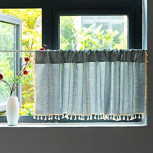 Sutuo Home Blauer Boho-Vorhang, 132 x 91 cm, weiß gestreift, Lichtfilterung, kurze Volant-Etage, 1 Paneel, Stickerei, Bohemian, Bauernhaus, Landhaus, Küche, Fensterbehandlung, Dekor für kleinen
