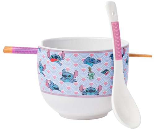 Silver Buffalo Lilo and Stitch Scrump Waves Japanese Pattern Ceramic Ramen Noodle Rice Bowl with Chopsticks and Spoon, Microwave Safe, 20 Ounces