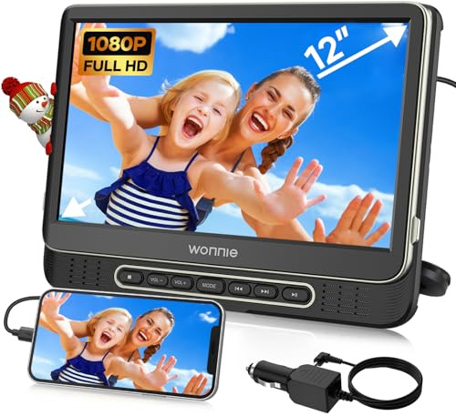 Car DVD Player, WONNIE 12 Portable DVD Player with Headrest Mount, Support 1080P/MP4 Video, HDMI Input/Output, AV Out, AC Adapter, Car Charger, USB Card Reader, Last Memory, All Regions