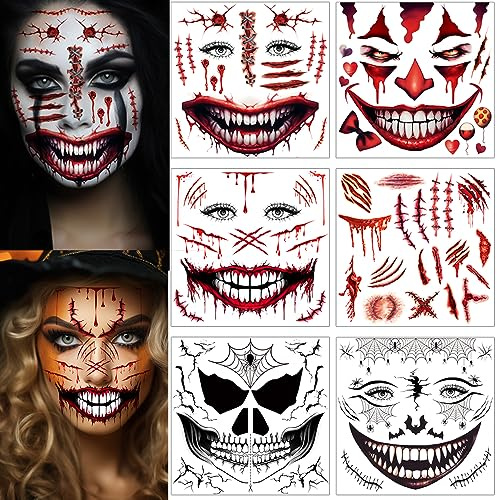 ENYACOS 6 Sheets Scary Face Tattoos - Skeleton Mouth, Fake Cuts Spider Web, Adult Halloween Makeup Kit