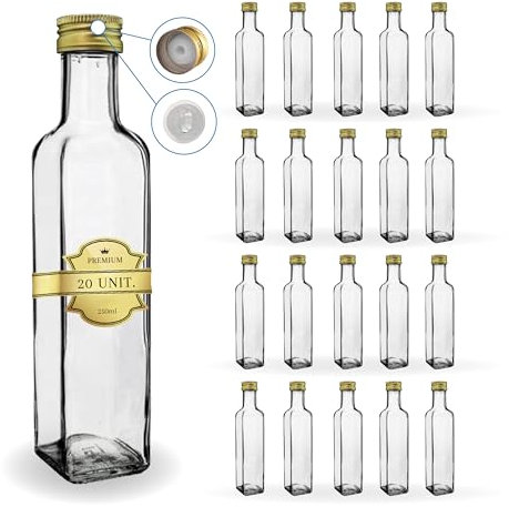 Espirito Rebelde 20 Botellas de Cristal 250ml con Tapón de Rosca Dorado con Boquilla Vertedora - Aceite de oliva, Vinagre, Alcohol, Salsas - Aceitera de Cristal