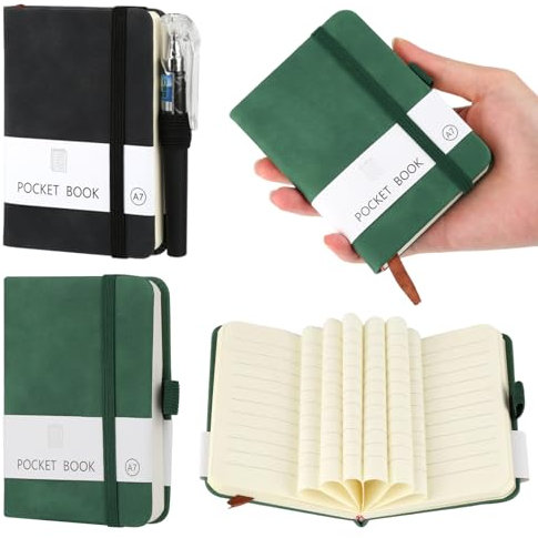 2 Stück Notizbuch Klein, Hardcover Notizblock A7 mit 200 Seiten, Notizbuch Klein mit Stift, Mini Notizblock mit Elastischem Verschlussband und Stifthalter, Pocket Notebook für Männer Frauen