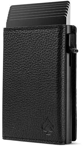 CARD Nine! Magnet Kartenetui - Premium Slim Wallet - Geldbörse mit RFID-Schutz - Portemonnaie für Damen & Herren - Geldbeutel mit Magnetverschluss (Genarbt Schwarz, Mit Münzfach)