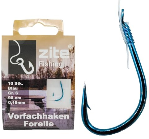 Zite Fishing Vorfach-Haken Angelhaken Forelle Gebunden | Größe 6-10 Forellen Haken mit Vorfach-Schnur – Forellenhaken Blau mit Angelschnur, Angel Haken angeln, Fishing Hooks