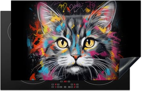 KitchenYeah© Protection Pour Plaque Induction 83x51 cm Plaque de Deco Cuisine Protégé Cache De Cuisson Vitroceramique Chat - Graffiti - Animaux - Couleurs - Gris