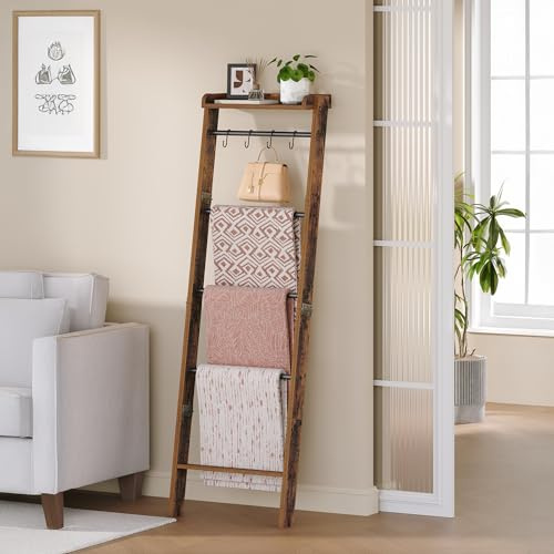 Hzuaneri Estante de escalera para manta, estante decorativo para edredón con estante de almacenamiento, soporte de escalera de granja de 6 niveles con 4 ganchos extraíbles, organizador para sala de