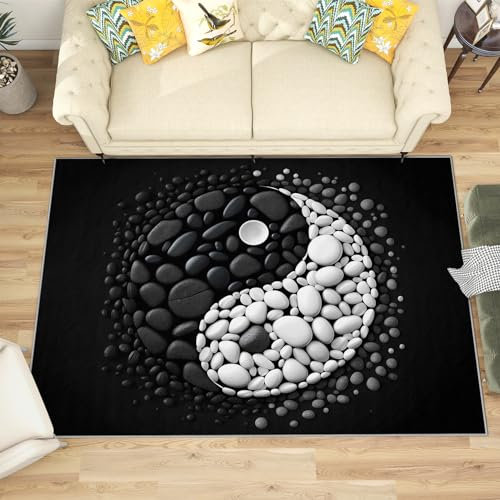 Yin Und Yang Teppich - Teppich Wohnzimmer Schlafzimmer Ying Yang, Kleiner Teppich Schwarz Weiß, Weich Kurzflor & Waschbar & rutschfest Fussmatte Innen, Kinderteppich 60x90 cm