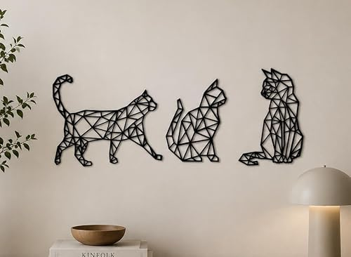 3er-Set Katze Wanddeko Holz Katze Wanddekoration 3x Katze Deko Wall Art Geometrische Ornamente Minimalistische Wandkunst Hängende Dekoration Cat Decoration Wall
