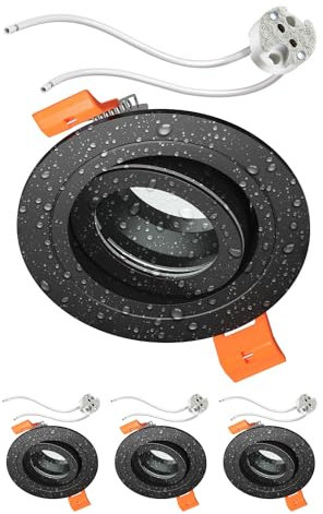 ledscom.de 4 Stück Bad-Deckeneinbaurahmen ERID, Feuchtraum, Badezimmer, IP44, rund, schwenkbar, schwarz matt, inkl. GU5.3 Fassung